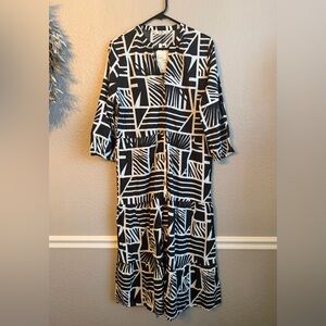 Salty Lemon Linen Midi Dress Size M Black White Button Front Boho Beachy NWT